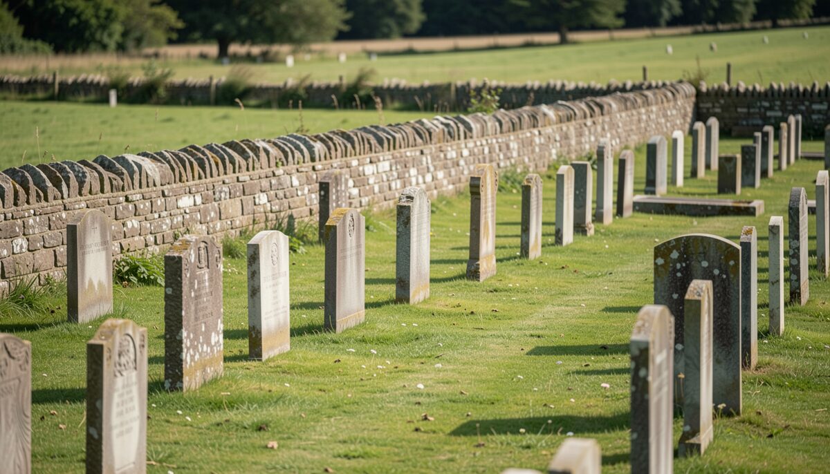 Rows of weathered headstones in a fenced rural cemetery, a low stone wall along the boundary, mown grass between the plots and bare trees behind under a high pale sky.