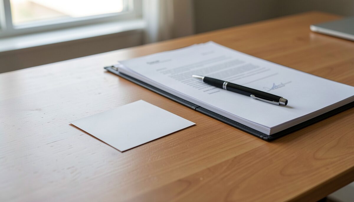 A blank correspondence card and a fountain pen on a desk beside a closed folder of papers, a small brass dish and a window’s light across the wood, no people in frame.