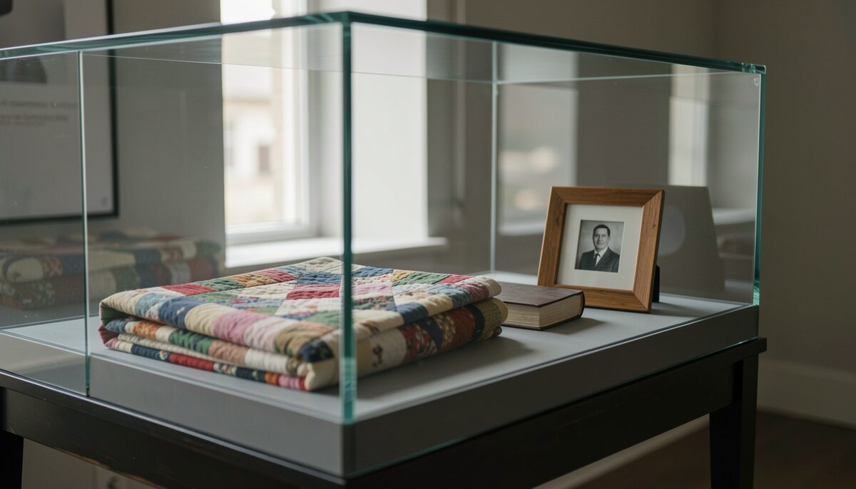 A glass exhibit case holding a folded quilt, a closed ledger and a small framed photograph, soft daylight from above, pale walls behind and a brass label rail along the base.