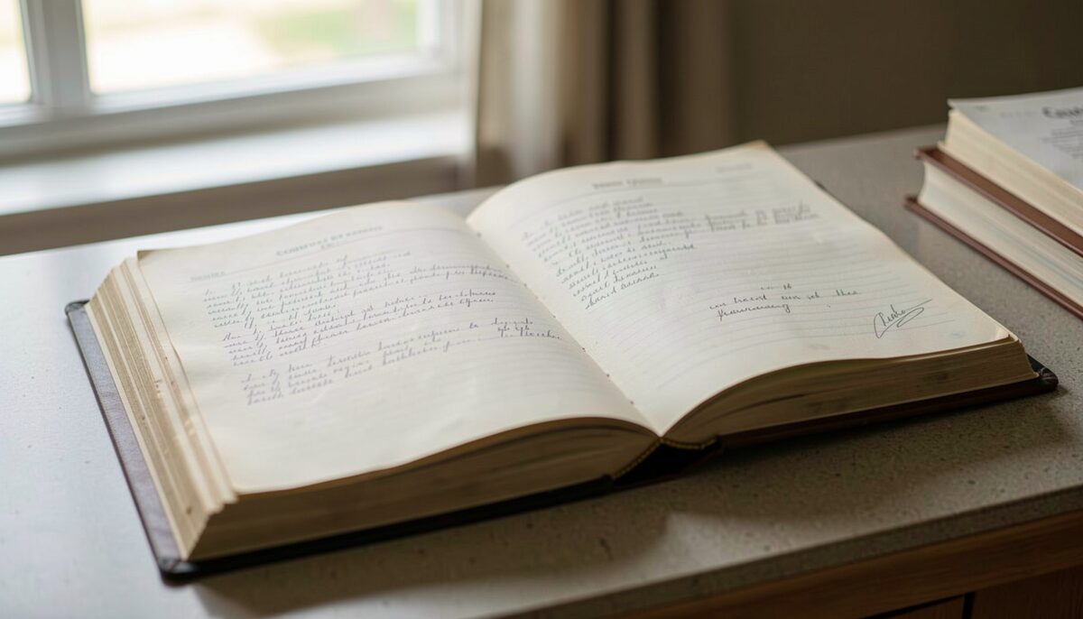 A heavy bound deed volume lying open on a counter, ruled pages filled with faded handwriting and a stamped margin, a pen and a reading lamp beside it under even light.