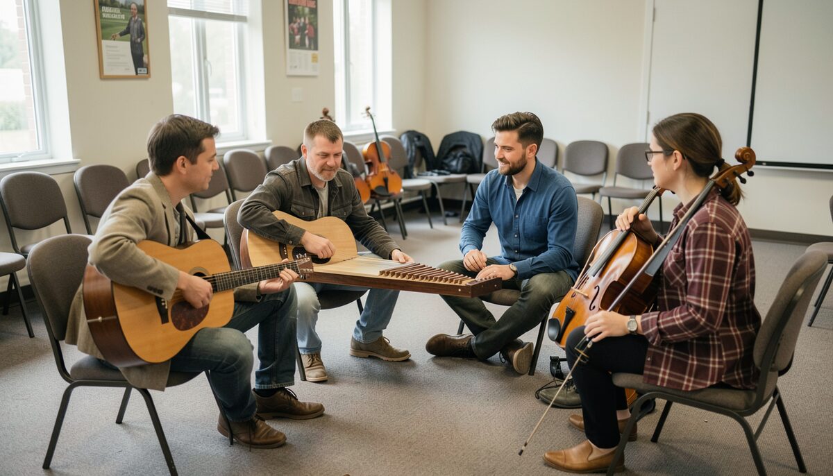 Four musicians seated in a loose circle in a plain community hall, a mountain dulcimer, two fiddles and a guitar resting on their knees, folded chairs and a bare floor around them.