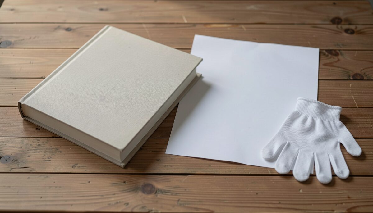 A stack of cloth-bound local history books on a plain table, one volume open with a paper marker between the pages, warm side light and a bare wall behind.