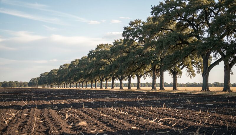 Rolling grassland and scattered post oak along a Denton County ridgeline at dusk