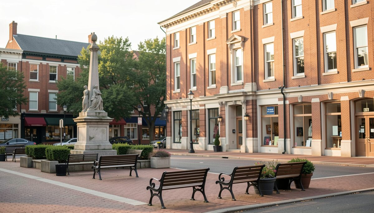 Morning light across a brick courthouse square, empty benches and a monument on the paving, one-storey shopfronts along the far side, long shadows and no people in the frame.