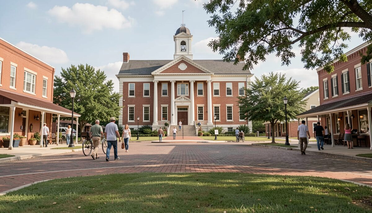 A two-storey brick courthouse with a painted portico stands at the head of a brick-paved square, people walking past shopfronts on both sides, bicycles and benches along the kerb, clear morning light.
