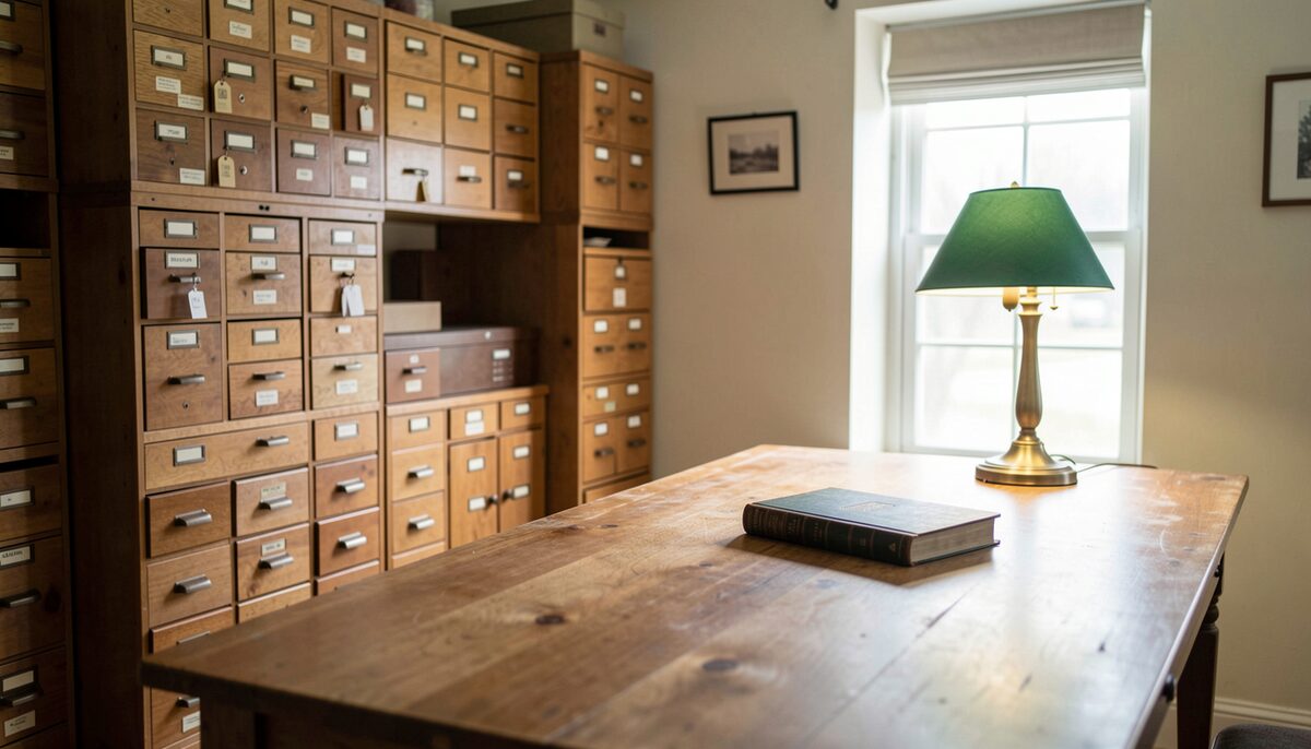A wall of wooden filing drawers in a records room, a bound ledger resting on a long wooden table, a brass lamp with a green shade beside it and daylight from a tall sash window.
