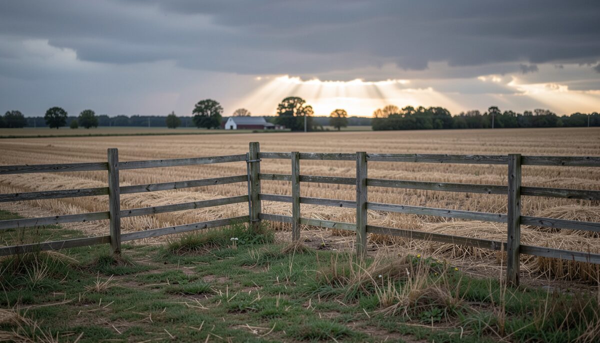 A weathered wooden fence in the foreground of a cut wheat field, a red barn and a line of trees far off, sun breaking through low storm cloud along the horizon, no people in frame.
