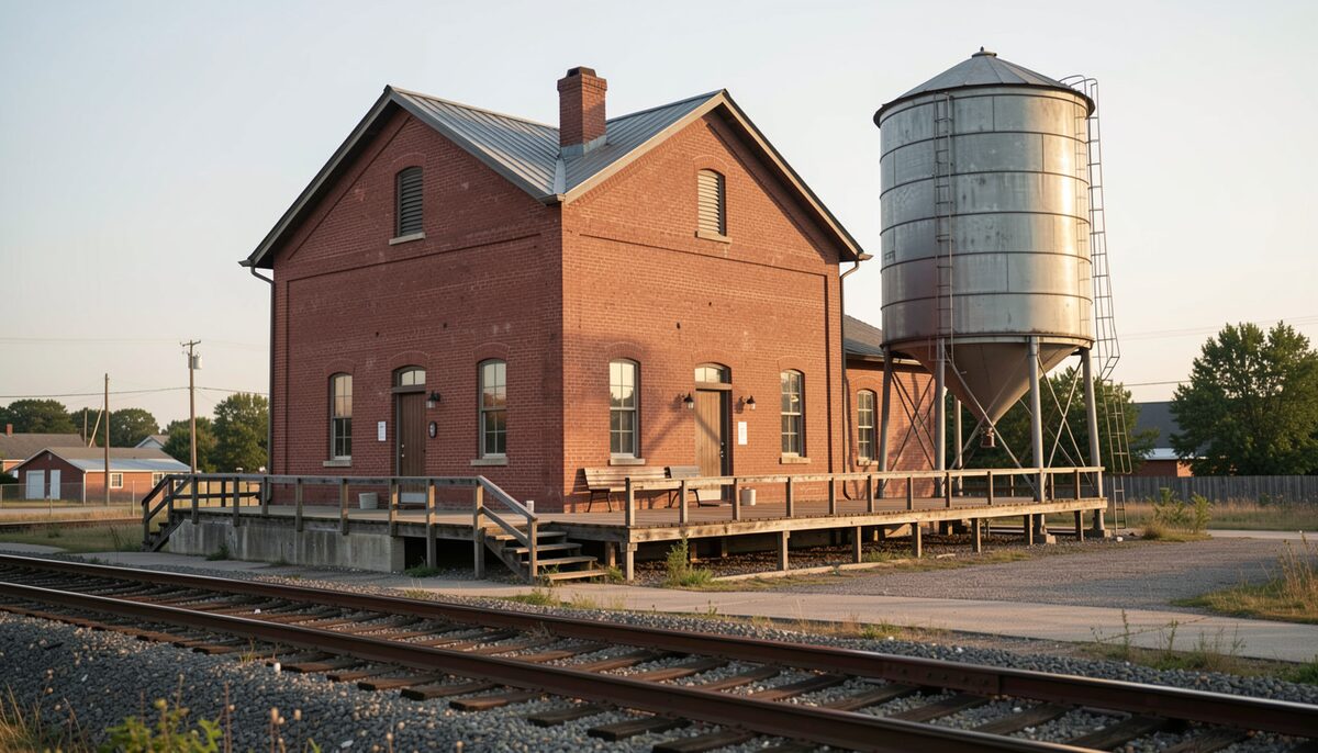 A single-storey brick railway depot with a metal water tank on steel legs, a timber platform and steps along its front, rails and gravel in the foreground, warm early light and no people.