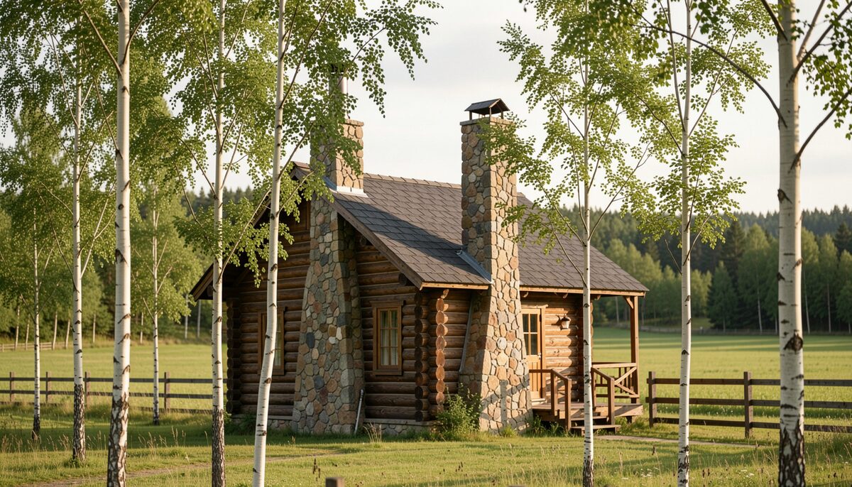 A single-pen log cabin with a stone chimney standing among young trees, split rails and a cleared field behind it, thin morning light across the grass and no people in frame.