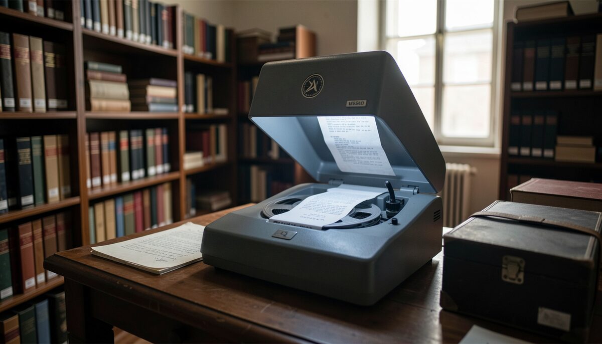 A microfilm reader glowing in a dim archive room, a reel box and a pad of handwritten notes beside it on the desk, shelving lost in shadow behind and no people present.